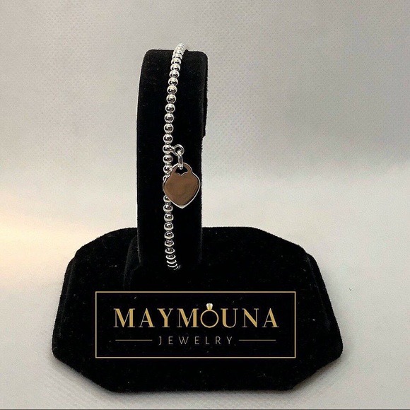 925 Sterling Silver Beaded Heart Tag Bracelet - Picture 2 of 7